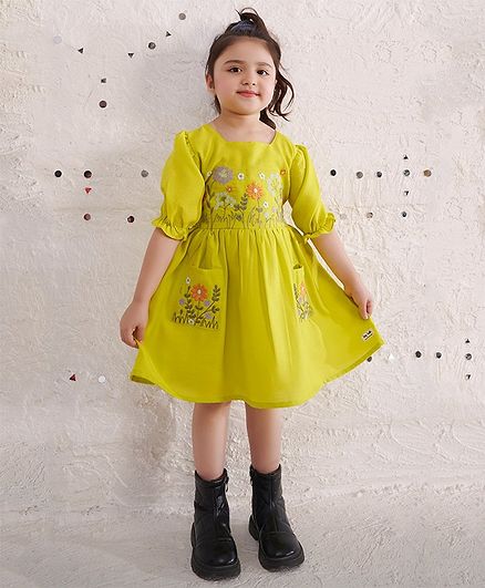 Tiny Twills Linen Half Sleeves Floral Embroidered & Pockets Detailed Fit & Flared Dress - Lime Green