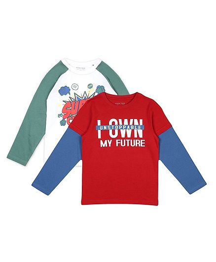 Plum Tree Pack Of 2 Cotton Full Sleeves Unstoppable & Super Champ Text Printed Tees - Red White