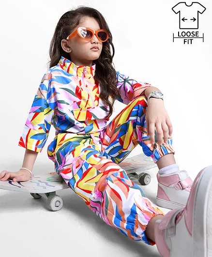 Ollington St. 100% Cotton Knit Full Sleeves Leaves Printed Co-Ord Collared Top & Joggers Set with Zipper - White Red & Pink