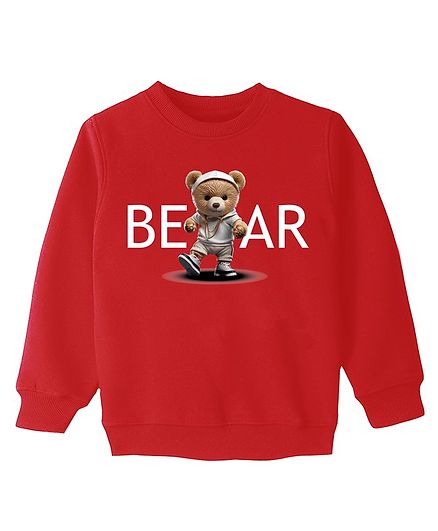 KAVEE Fleece Knit Full Sleeves Bear Printed Sweatshirt - Red