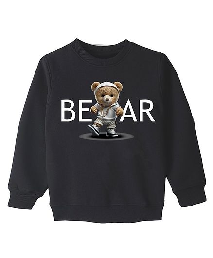 KAVEE Fleece Knit Full Sleeves Bear Printed Sweatshirt - Black