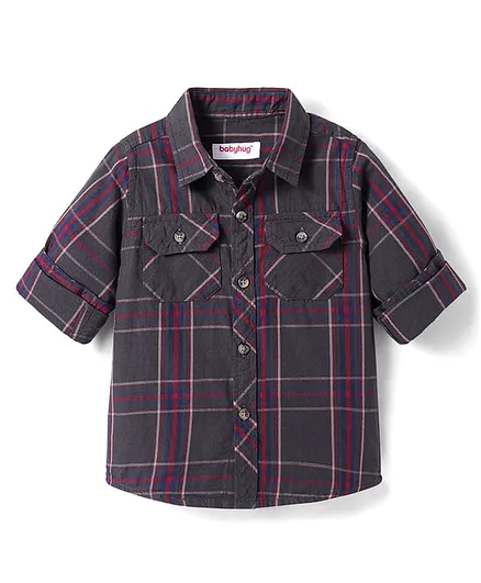Buy Babyhug Cotton Woven Full Sleeves Check Shirt Grey for Boys