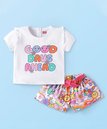 Buy Babyhug Single Jersey Knit Half Sleeves Text Printed Top & Shorts Set - White & Pink for Girls (