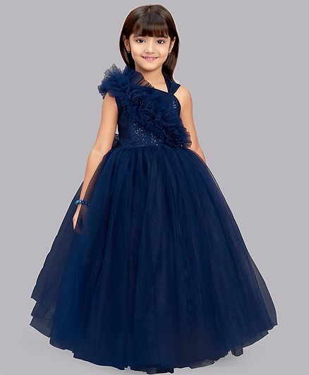 PinkChick Sleeveless Sequins Embellished & Ruffle Detailed Fit and Flared Gown - Navy Blue