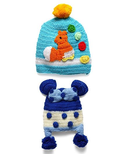 MayRa Knits Pack Of 2 Hand Knitted Polka Dots & Squirrel Crochet Designed Caps - Blue