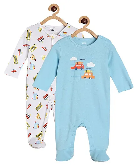 MINI KLUB Cotton Knit Pack Of 2 Full Sleeves Vehicles Printed Sleep Suits - Multi Colour