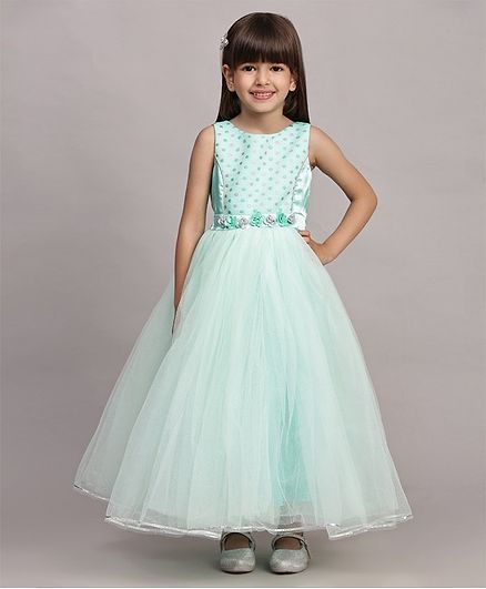 Toy Balloon Kids Net Sleeveless Polka Dots Glitter Printed & Floral Applique Detailed Gown - Sea Green