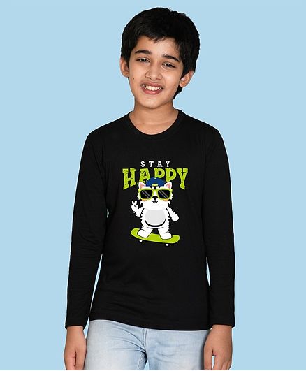 NUSYL Cotton Blend Full Sleeves Cat & Stay Happy Text Printed Tee - Black