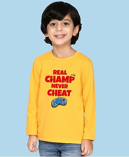 NUSYL Cotton Blend Full Sleeves Real Champ Never Cheat Text Printed Tee - Yellow