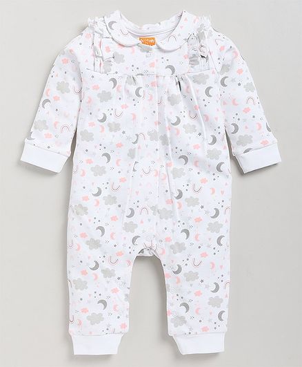 Snuggly MONKEY Interlock Full Sleeves Moon & Stars Printed Romper - White