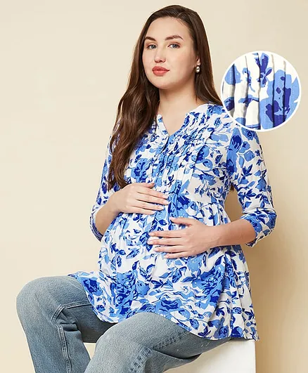 Bella Mama Woven Three Fourth Sleeves Maternity Top with Floral Print  & Pintuck Design - Blue