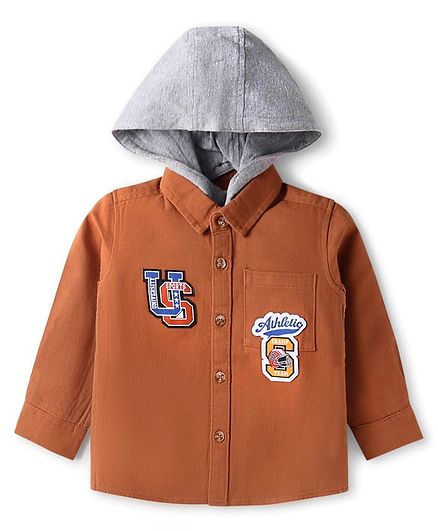 Babyhug Cotton Woven Full Sleeves Text Printed Shirt with Detachable Hood - Rust Orange