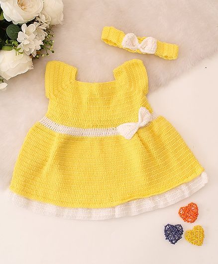 Woonie Hand Knitted Short Sleeves Bow Embroidered Crochet Dress With Headband - Yellow