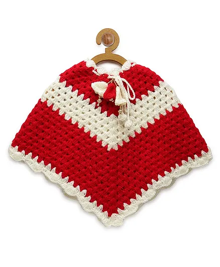 MayRa Knits Christmas Theme Batwing Sleeves Colour Blocked Poncho - Red