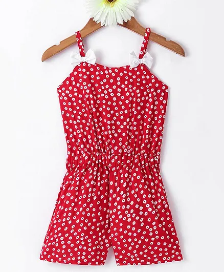 Mark & Mia Cotton Woven Sleeveless  Knee Length Singlet  Jumpsuit with Flower Print & Bow Applique - Red