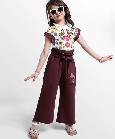 OLLINGTON ST. Cotton Knit Half Sleeves Floral Printed Top & Popcorn Culotte - White & Wine