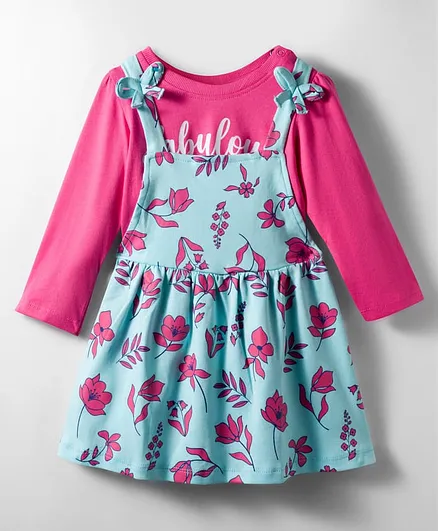 Doodle Poodle Single Jersey Knit Frock & Full Sleeves Inner Tee With Floral Print & Bow Applique - Light Blue & Dark Pink
