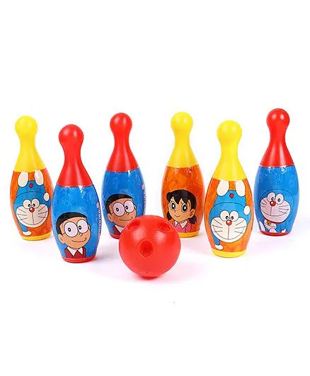 Doraemon Bowling Set Red Blue - 7 Pieces & Doraemon Beach Tennis Racket Set (Color May Vary)