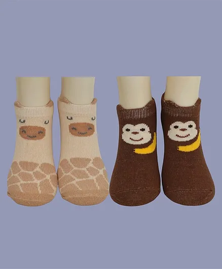 Yellow Bee Cotton Pack Of 2 Giraffe & Monkey Designed Socks Set - Brown & Beige
