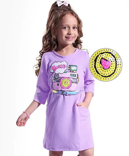 Hola Bonita Knit Full Sleeves Textured Fabric Dress With Sequin Detailing - Lilac