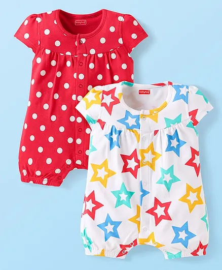 Buy Babyhug 100% Cotton Knit Half Sleeves Front Open Romper with Polka Dots  Stars Print Pack of Red White for Girls (10-10 Years) Online in