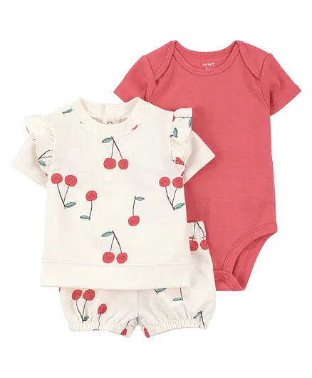 Carter's Knit Half Sleeves Cherry Printed Co-ords Top & Shorts Set with Onesie - White & Red