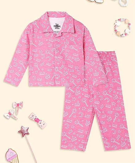 The Mom Store Cotton Knit Full Sleeves Moons Printed Coordinating Shirt & Pajama Set - Pink