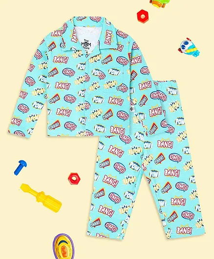 The Mom Store Cotton Knit Full Sleeves Mighty Fighter Printed Coordinating Night Suit Set - Blue