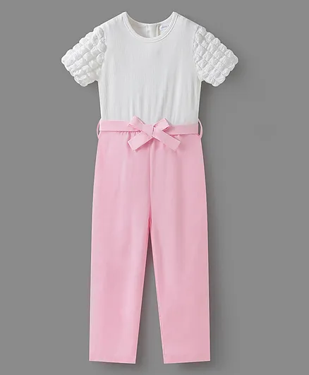 Mark & Mia Cotton Knit Half Sleeves Textured Jumpsuit - Pink & White