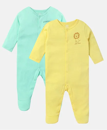 MINI KLUB Cotton Knit Pack of 2 Full Sleeves Lion & Dinosaur Printed Sleepsuits - Yellow & Green