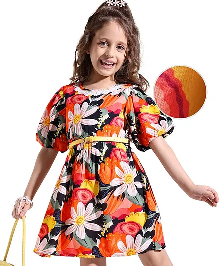 Hola Bonita Cotton Rayon Woven Half Puffed Sleeves Dress With Floral Print & Lace Detailing - Multicolor