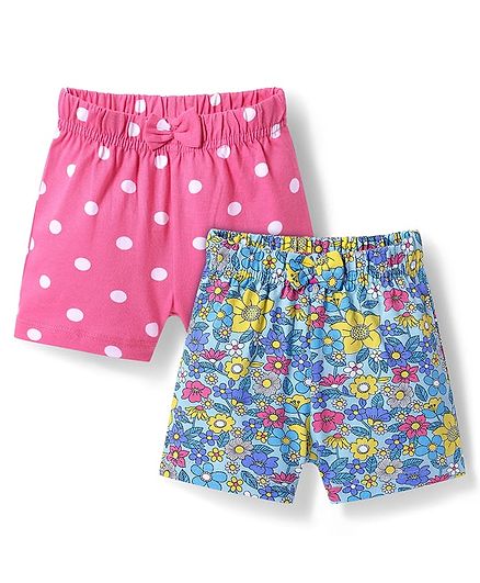 Babyhug Cotton Knit Mid Thigh Floral & Polka Dots Printed Shorts with Bow Applique Pack of 2 - Blue & Pink
