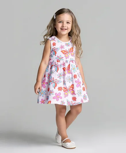 Bonfino 100% Cotton Knit Sleeveless Dress with Floral & Butterfly Print - Ivory