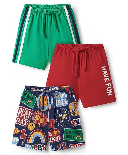 Babyhug Single Jersey Knit Shorts With Text Print Pack Of 3 - Green Blue & Red