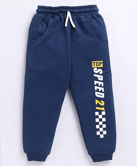 Kidcity Cotton Looper Top Speed 21 Text Printed Joggers - Airforce Blue
