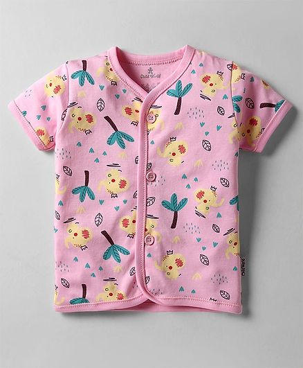 Child World Interlock Knit Front Open Half Sleeves Jhablas With Animal Print - Pink