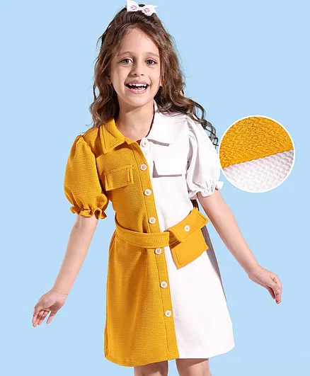 Hola Bonita Knit Half Puffed Sleeves Textured Fabric Front Open Solid Dress - Mustard & White