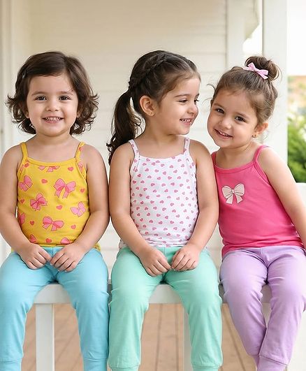 Babyhug 100% Cotton Single Jersey Knit Sleeveless Slips With Heart & Bow Print Pack Of 3 - Pink & Yellow