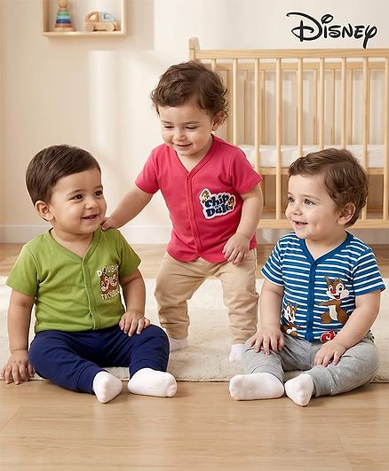 Babyhug Disney Interlock Knit Half Sleeves Front Open Jhablas With Chip & Dale Graphics Pack Of 3 - Green Navy Blue & Pink