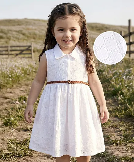 Babyhug Rayon Woven Sleeveless Front Open Collared Dress With Schiffli Detailing - White