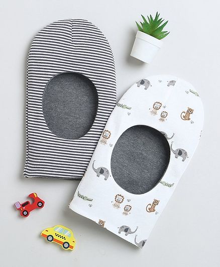 BUMZEE Interlock Knit Monkey Cap with Stripes & Animal Print White & Grey Pack Of 2 - Diameter 23.5 cm Online in India, Buy at Best Price from FirstCry.com - 19883579