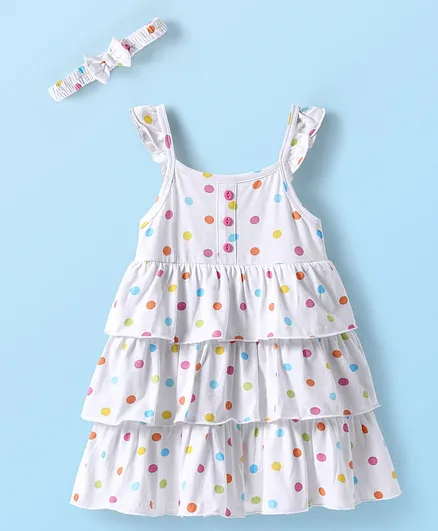 Babyhug Single Jersey Knit Sleeveless Layered Frock with Headband & Polka Dots Print - White