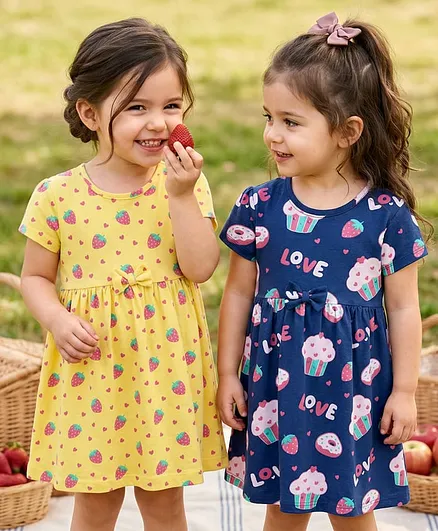 Babyhug Single Jersey Knit Half Sleeves Frocks with Tropical Print Pack of 2 - Navy Blue & Yellow