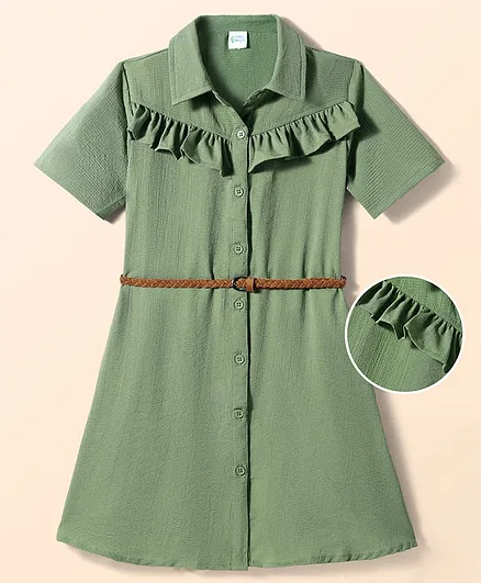 Hola Bonita Woven Half Sleeves Solid Color Collared Shirt Dress - Green
