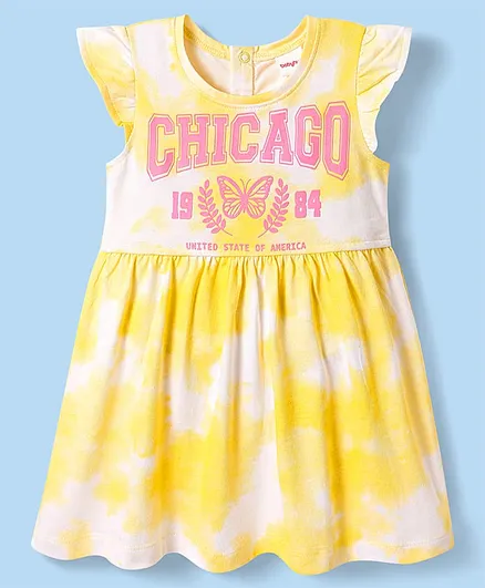 Babyhug Cotton Knit Frill Sleeves Frock with Text Print - Yellow