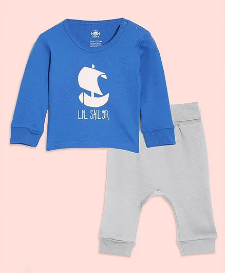 The Mom Store Cotton Full Sleeves Lil Sailor Text Printed Night Suit Set - Multi Colour