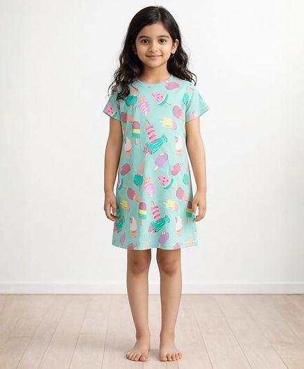 Anthrilo 100% Organic Cotton Knit Half Sleeves Ice Creams Printed Night Dress - Aqua Blue