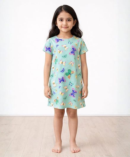 Anthrilo 100% Organic Cotton Knit Half Sleeves Butterflies Printed Nighty - Green
