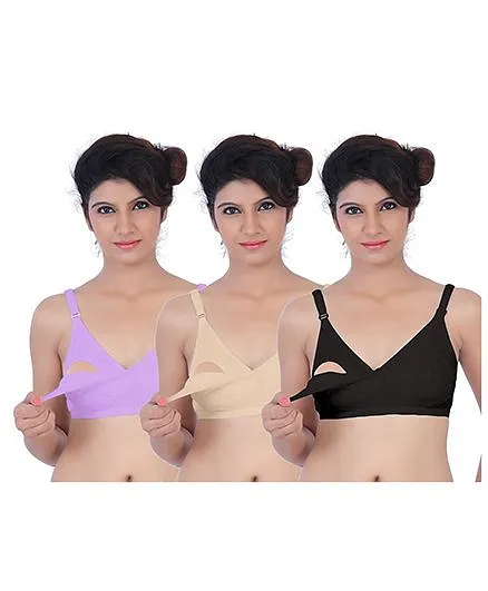 Fabme Hosiery Nursing Bra Pack Of 3 - Lavender Skin & Black