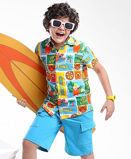Ollington St. Cotton Beach Theme Printed Half Sleeves Shirt & Shorts Set - Multicolor & Light Blue